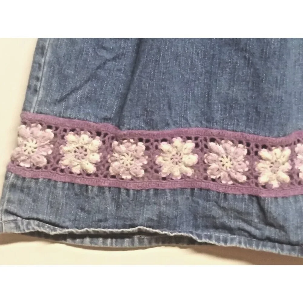 VTG Denim Dress Jumper Girls Sz L crochet floral lace button front fit flare EUC